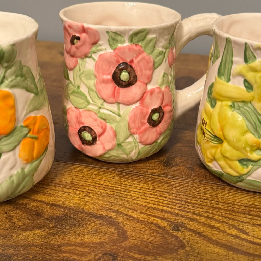 Shafford Fleurs du Jour Floral Relief Mugs Set of‎ 4 Handpainted 1988 Vintage - Picture 4 of 11